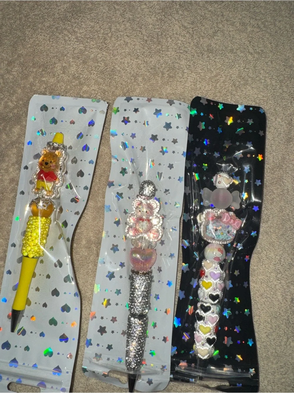 Set of 3 Decorative Rhinestone Character Pens - Yellow, Silver, white.